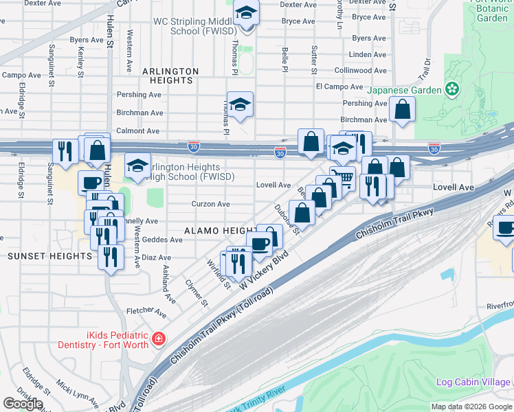 map of restaurants, bars, coffee shops, grocery stores, and more near 4025 Curzon Avenue in Fort Worth