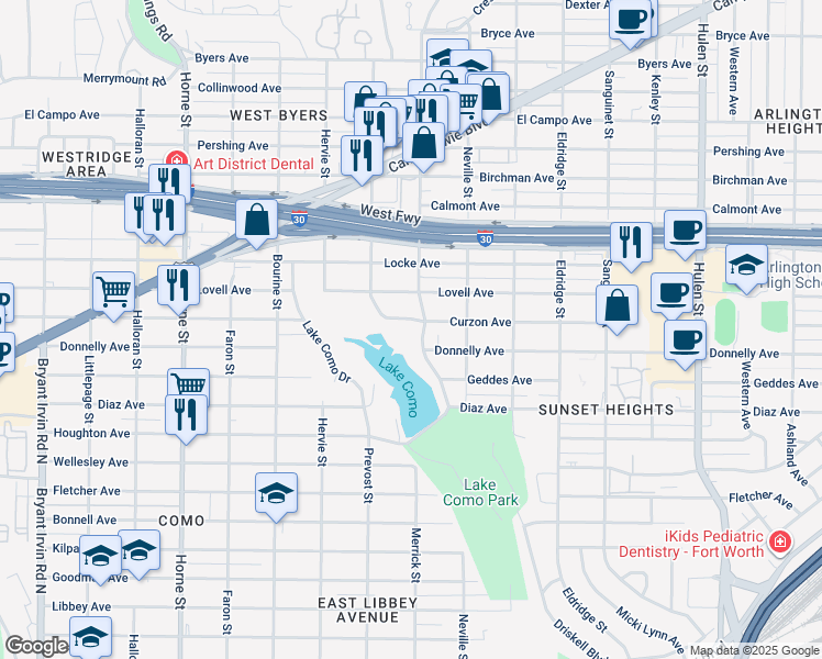 map of restaurants, bars, coffee shops, grocery stores, and more near 5217 Curzon Avenue in Fort Worth
