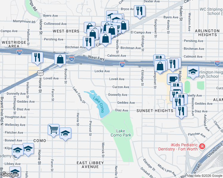 map of restaurants, bars, coffee shops, grocery stores, and more near 5117 Curzon Avenue in Fort Worth