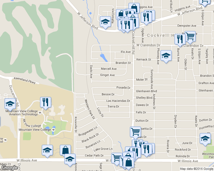 map of restaurants, bars, coffee shops, grocery stores, and more near 4517 Posada Drive in Dallas