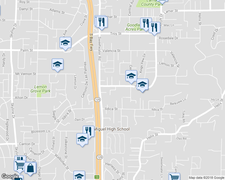 map of restaurants, bars, coffee shops, grocery stores, and more near 2239 Tyler Court in Spring Valley