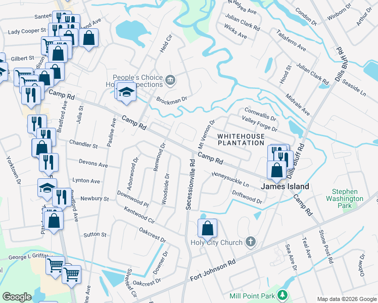 map of restaurants, bars, coffee shops, grocery stores, and more near 1021 Mount Vernon Drive in Charleston