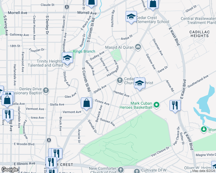 map of restaurants, bars, coffee shops, grocery stores, and more near 1828 Stella Avenue in Dallas