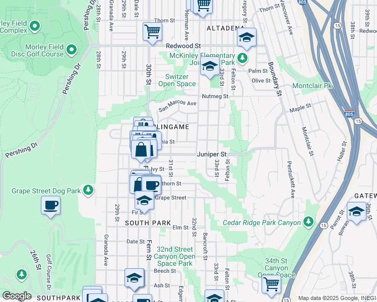 map of restaurants, bars, coffee shops, grocery stores, and more near 3170 Juniper Street in San Diego