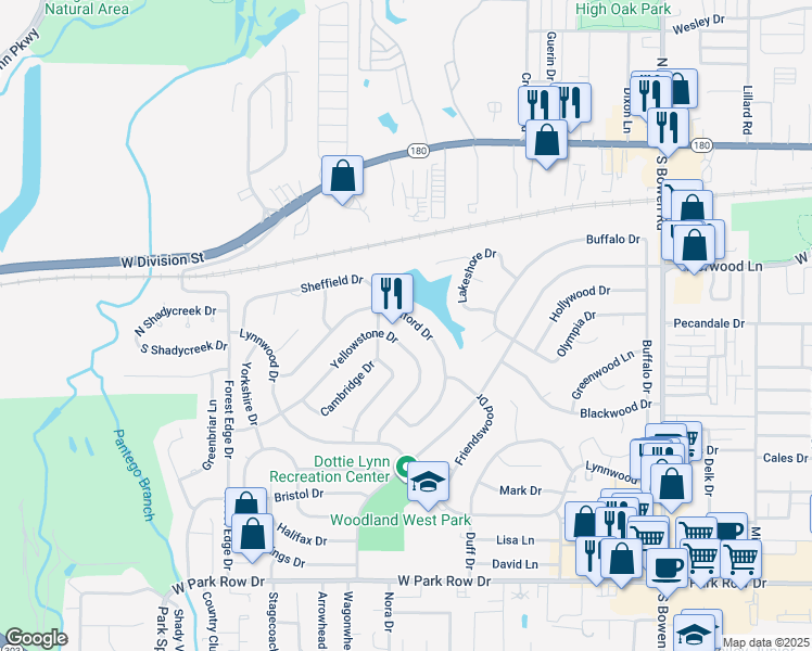 map of restaurants, bars, coffee shops, grocery stores, and more near 3207 Woodford Drive in Arlington