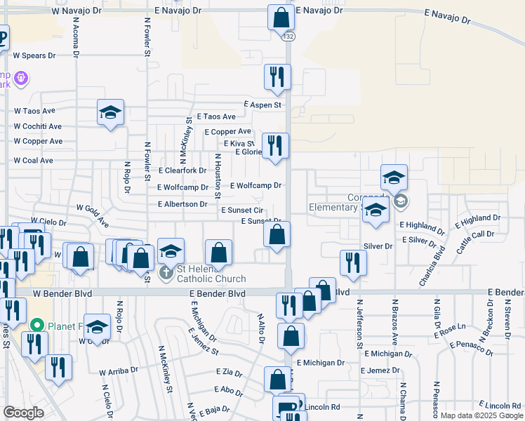 map of restaurants, bars, coffee shops, grocery stores, and more near 2601 North Sunset Circle in Hobbs