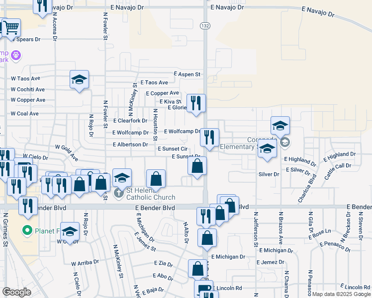 map of restaurants, bars, coffee shops, grocery stores, and more near 2601 North Sunset Circle in Hobbs
