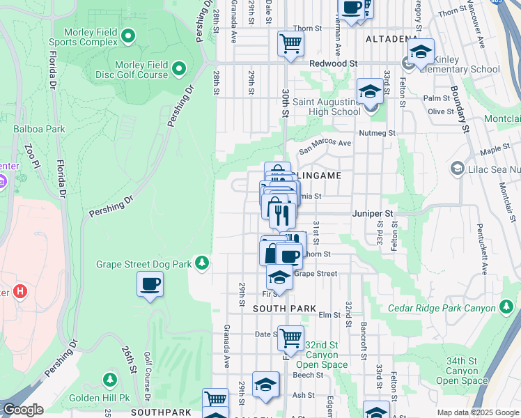 map of restaurants, bars, coffee shops, grocery stores, and more near 3013 Juniper Street in San Diego