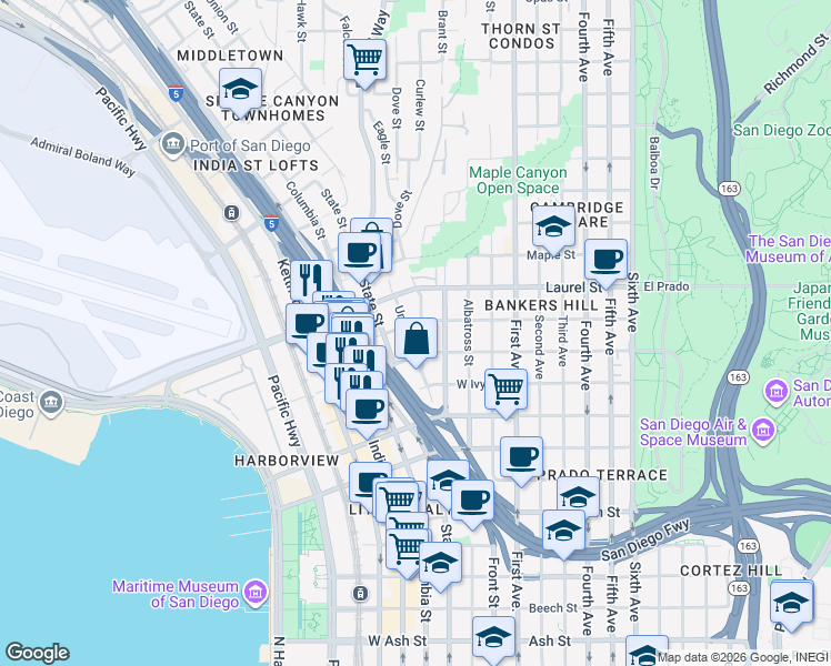 map of restaurants, bars, coffee shops, grocery stores, and more near 2345 Union Street in San Diego