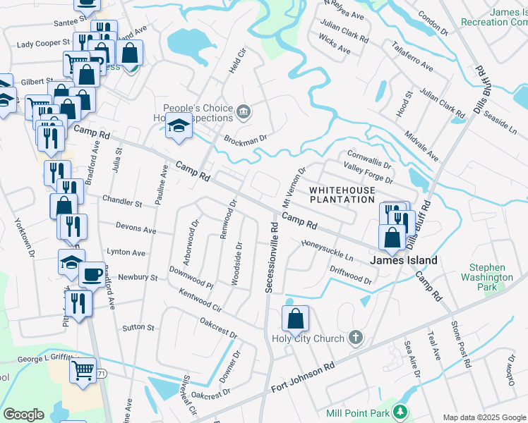 map of restaurants, bars, coffee shops, grocery stores, and more near 1402 Kentwood Circle in Charleston