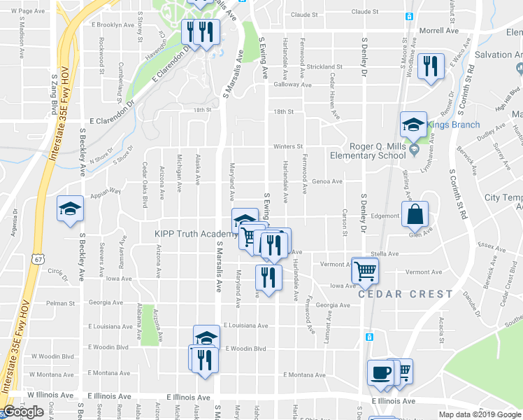 map of restaurants, bars, coffee shops, grocery stores, and more near 1443 South Ewing Avenue in Dallas
