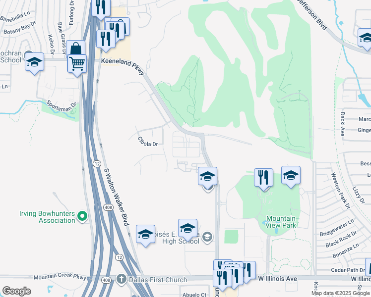 map of restaurants, bars, coffee shops, grocery stores, and more near 5144 East Rim Road in Dallas