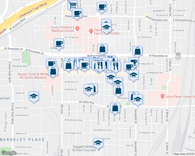 map of restaurants, bars, coffee shops, grocery stores, and more near 1312 South Henderson Street in Fort Worth