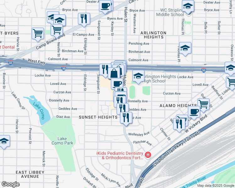 map of restaurants, bars, coffee shops, grocery stores, and more near 4651 West Freeway in Fort Worth