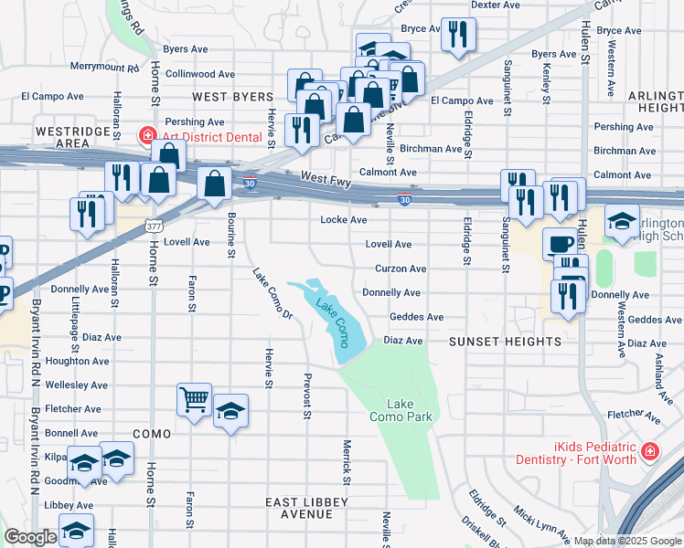 map of restaurants, bars, coffee shops, grocery stores, and more near 5217 Curzon Avenue in Fort Worth