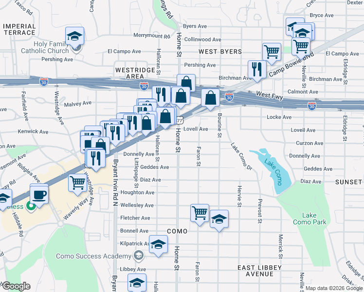 map of restaurants, bars, coffee shops, grocery stores, and more near 5613 Curzon Avenue in Fort Worth