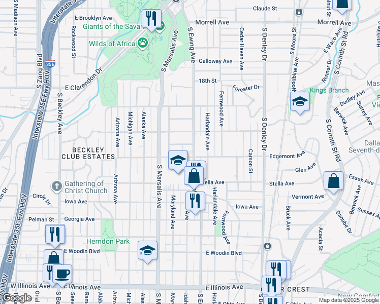 map of restaurants, bars, coffee shops, grocery stores, and more near 1443 South Ewing Avenue in Dallas