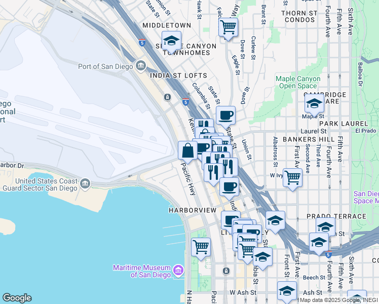 map of restaurants, bars, coffee shops, grocery stores, and more near 1025 West Laurel Street in San Diego