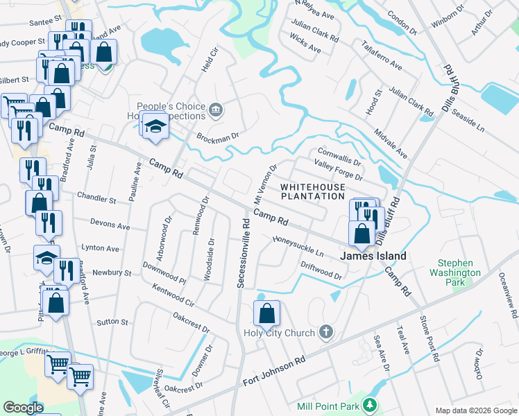 map of restaurants, bars, coffee shops, grocery stores, and more near 1022 Mount Vernon Drive in Charleston
