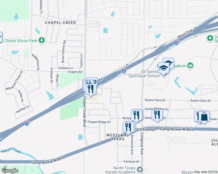 map of restaurants, bars, coffee shops, grocery stores, and more near 10004 Southview Street in Fort Worth