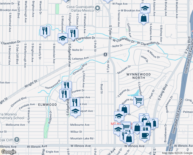 map of restaurants, bars, coffee shops, grocery stores, and more near 1602 South Polk Street in Dallas