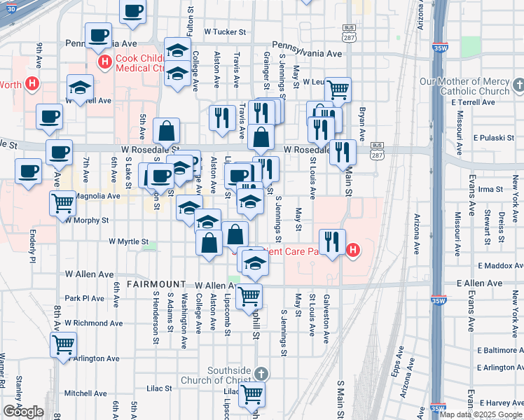 map of restaurants, bars, coffee shops, grocery stores, and more near in Fort Worth