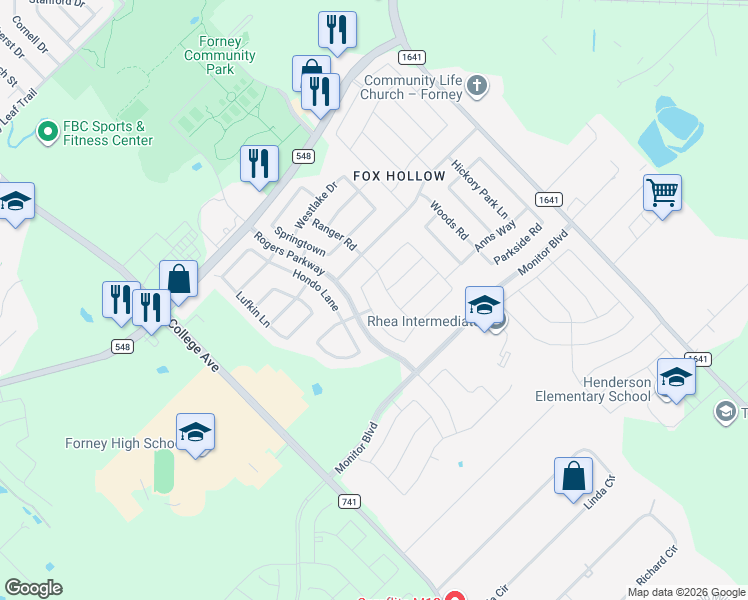 map of restaurants, bars, coffee shops, grocery stores, and more near 1123 Citabria Street in Forney
