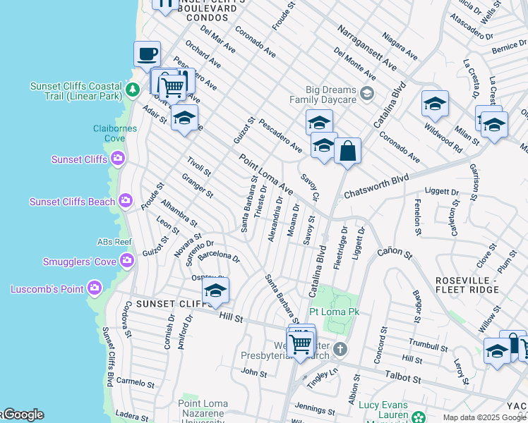 map of restaurants, bars, coffee shops, grocery stores, and more near 1265 Trieste Drive in San Diego