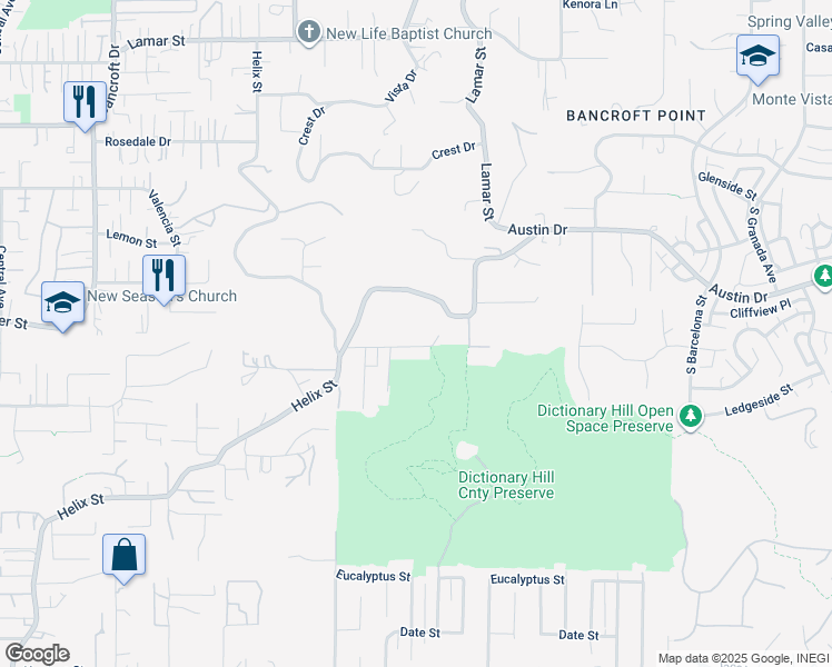 map of restaurants, bars, coffee shops, grocery stores, and more near 9440 Ivy Street in Spring Valley