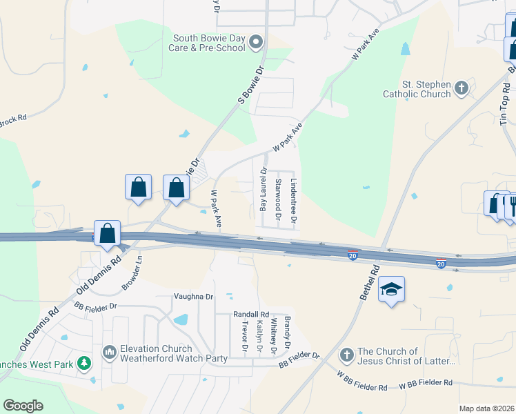map of restaurants, bars, coffee shops, grocery stores, and more near 2018 Bay Laurel Drive in Weatherford