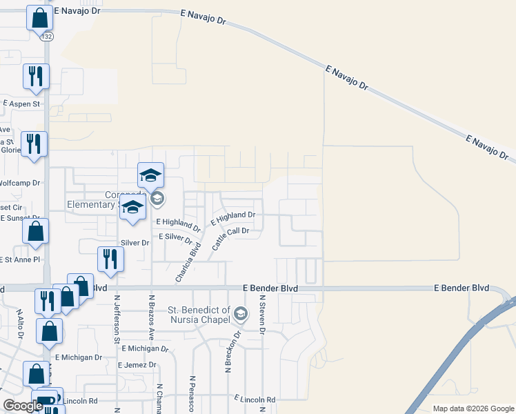 map of restaurants, bars, coffee shops, grocery stores, and more near 2607 North Breckon Drive in Hobbs