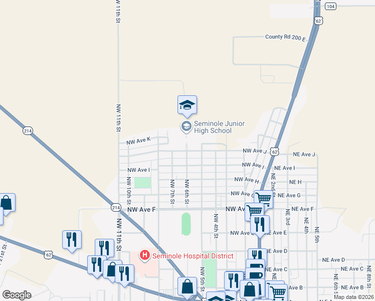 map of restaurants, bars, coffee shops, grocery stores, and more near 599 NW Ave J in Seminole