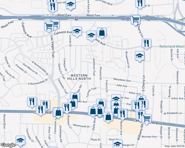 map of restaurants, bars, coffee shops, grocery stores, and more near 3024 Gunnison Trail in Fort Worth