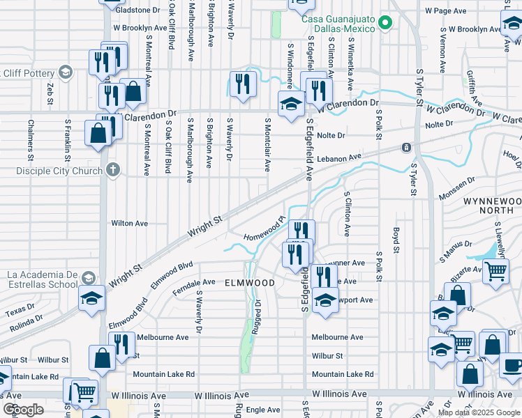 map of restaurants, bars, coffee shops, grocery stores, and more near 1619 Lansford Avenue in Dallas