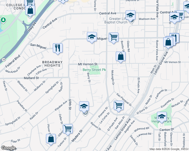 map of restaurants, bars, coffee shops, grocery stores, and more near 7084 Berry Park Lane in Lemon Grove