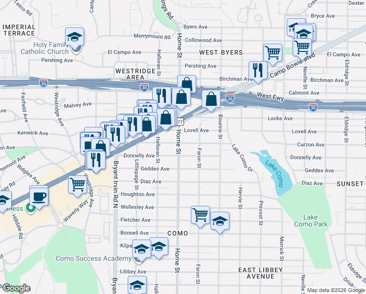 map of restaurants, bars, coffee shops, grocery stores, and more near 5613 Curzon Avenue in Fort Worth
