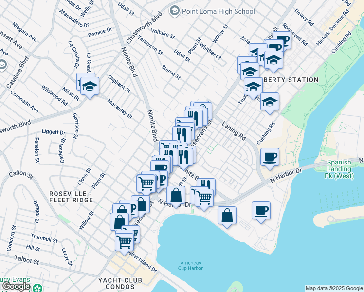 map of restaurants, bars, coffee shops, grocery stores, and more near 3025 Newell Street in San Diego