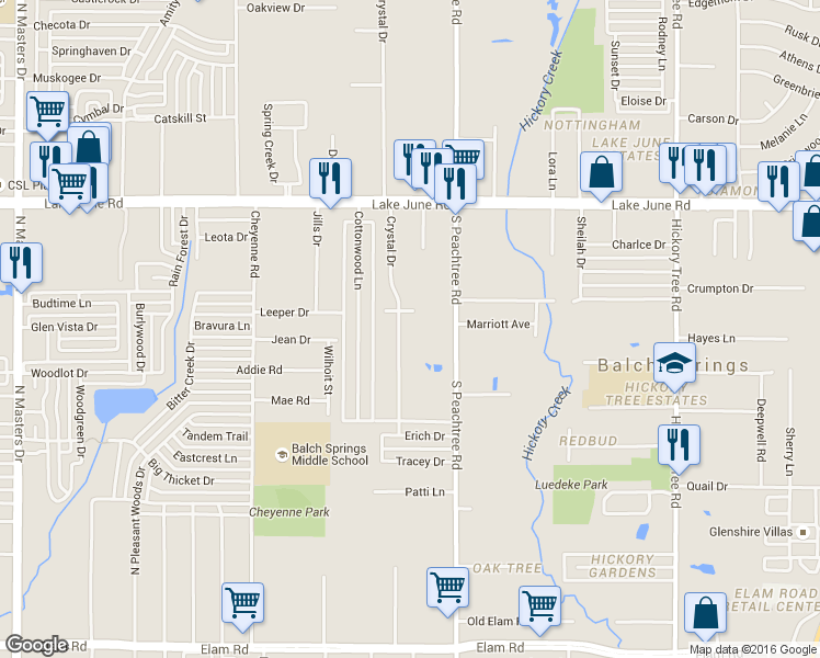 map of restaurants, bars, coffee shops, grocery stores, and more near 2812 Crystal Dr in Balch Springs