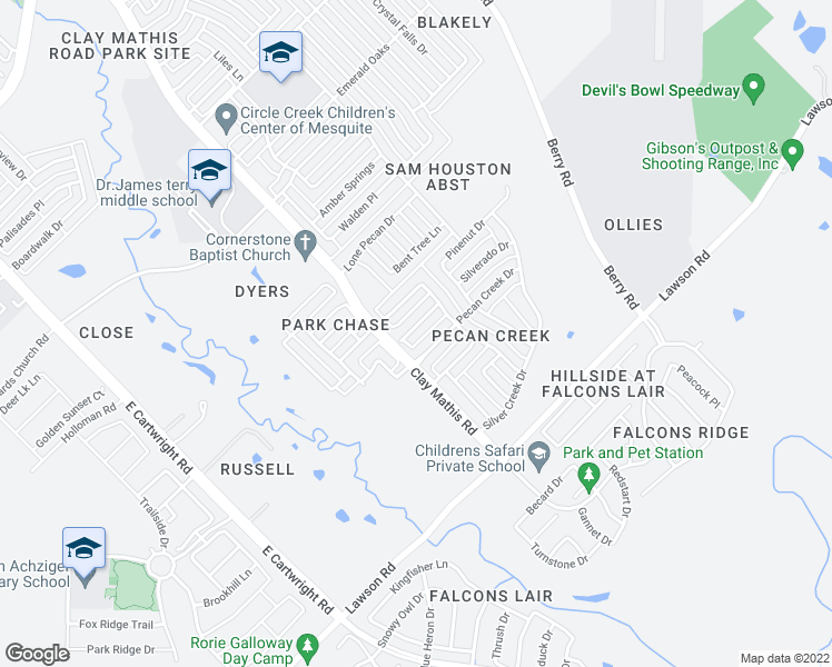 map of restaurants, bars, coffee shops, grocery stores, and more near 2124 Acorn Grove in Mesquite