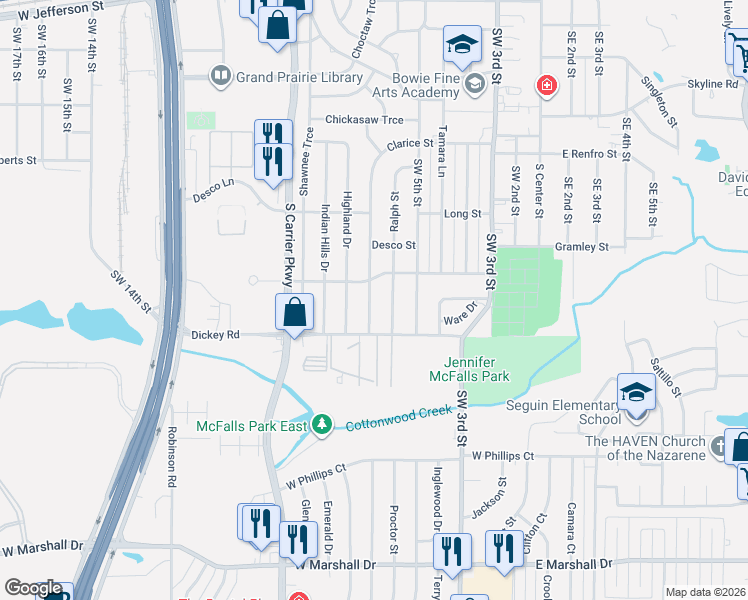 map of restaurants, bars, coffee shops, grocery stores, and more near 1217 Clarice Street in Grand Prairie