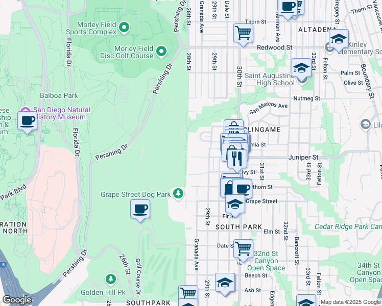 map of restaurants, bars, coffee shops, grocery stores, and more near 2828 Juniper Street in San Diego