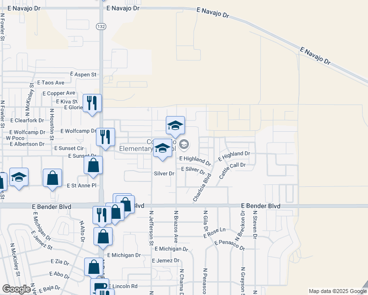 map of restaurants, bars, coffee shops, grocery stores, and more near 2600 North Brazos Avenue in Hobbs