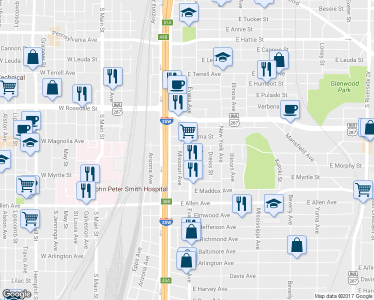 map of restaurants, bars, coffee shops, grocery stores, and more near 1306 Evans Avenue in Fort Worth