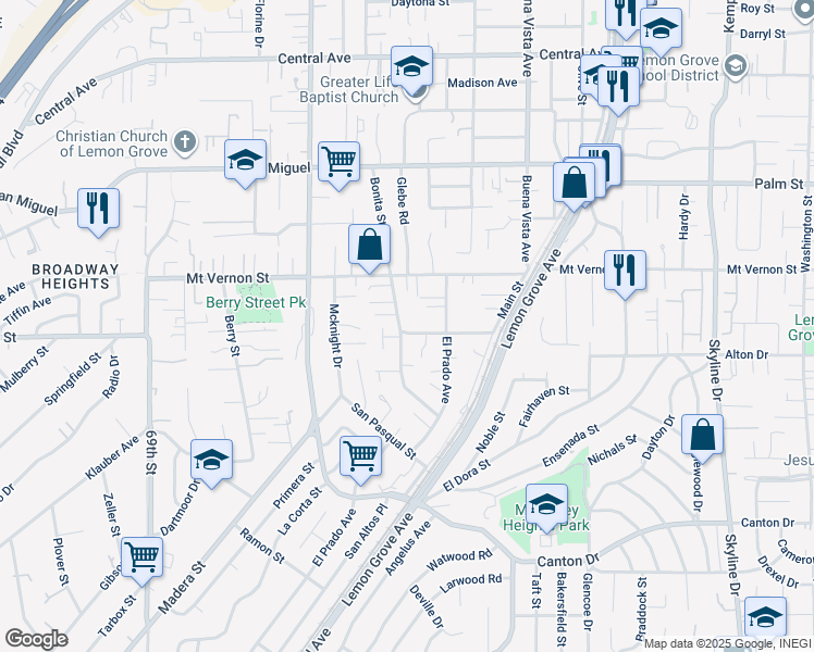 map of restaurants, bars, coffee shops, grocery stores, and more near 2301 Bonita Street in Lemon Grove
