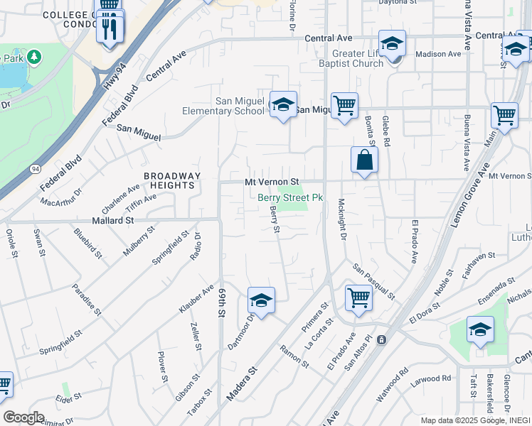map of restaurants, bars, coffee shops, grocery stores, and more near 7020 Lerma's Court in Lemon Grove