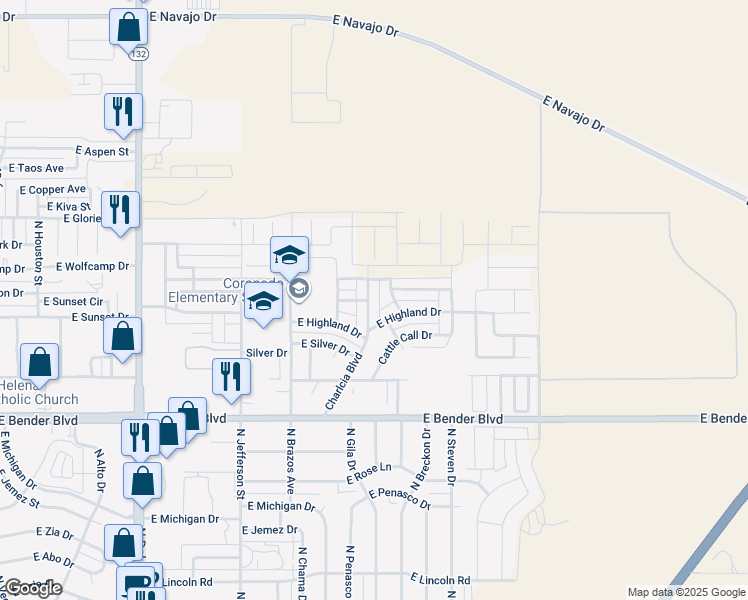 map of restaurants, bars, coffee shops, grocery stores, and more near 2612 Charlcia Boulevard in Hobbs
