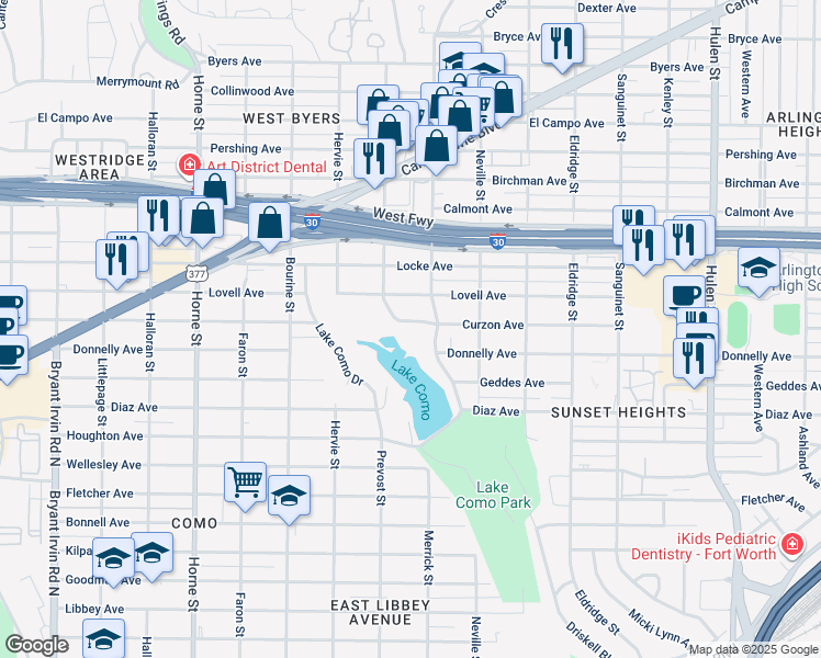 map of restaurants, bars, coffee shops, grocery stores, and more near 5217 Curzon Avenue in Fort Worth