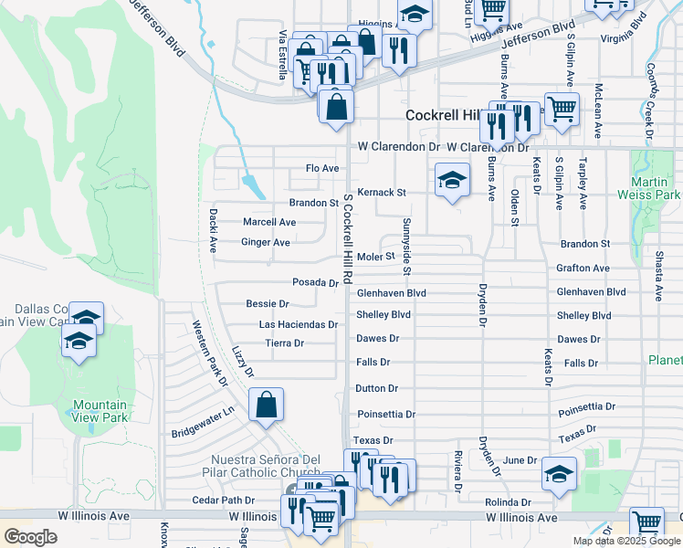 map of restaurants, bars, coffee shops, grocery stores, and more near 1411 South Cockrell Hill Road in Dallas