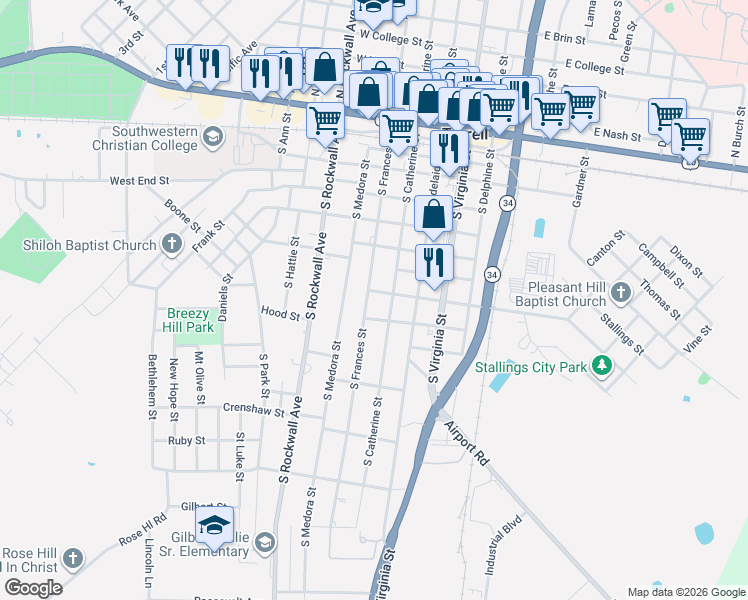map of restaurants, bars, coffee shops, grocery stores, and more near 803 South Frances Street in Terrell