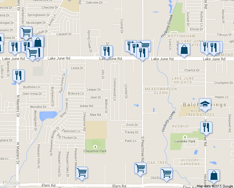 map of restaurants, bars, coffee shops, grocery stores, and more near 2800 Cottonwood Lane in Balch Springs